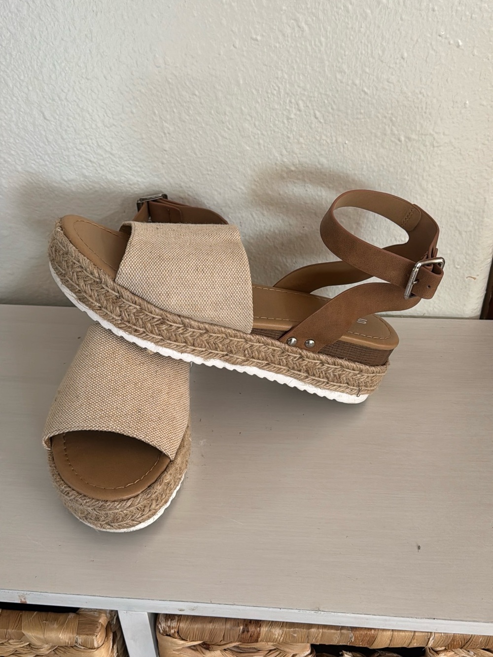 Neutral Beige Espadrille Platform Sandals with Ankle Strap
